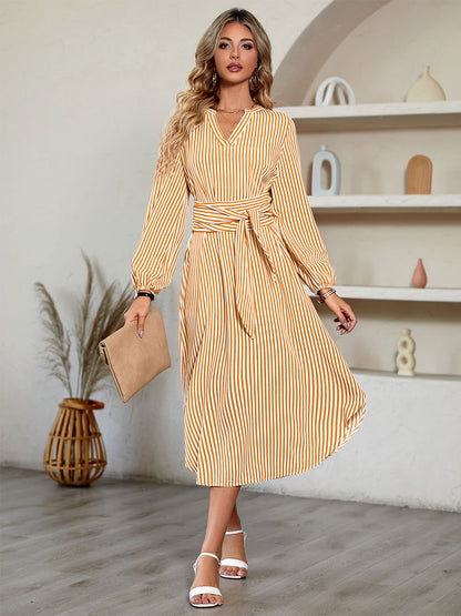 Midi Dress Blue V-Neck Stripe Print Long Sleeves Fall Dress For Women