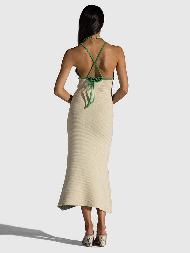 Knitted Dress Delicate Floral Halter Crossover Back Fitted Party Midi Dresses