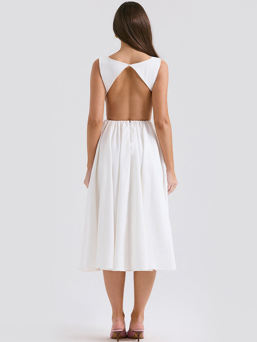 White Dress Boatneck Sleeveless Open Back Brunch Party Midi Dresses