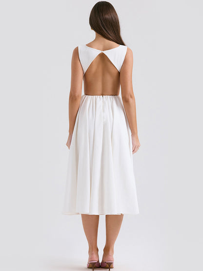 White Dress Boatneck Sleeveless Open Back Brunch Party Midi Dresses