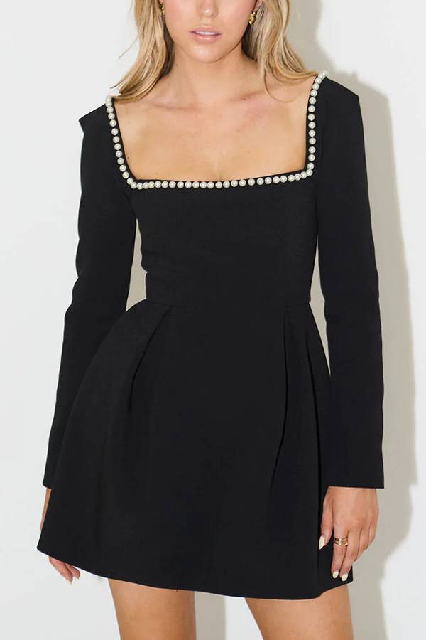 Pearl-Trim Square Neck Long Sleeve Pleated Skater Mini Dress
