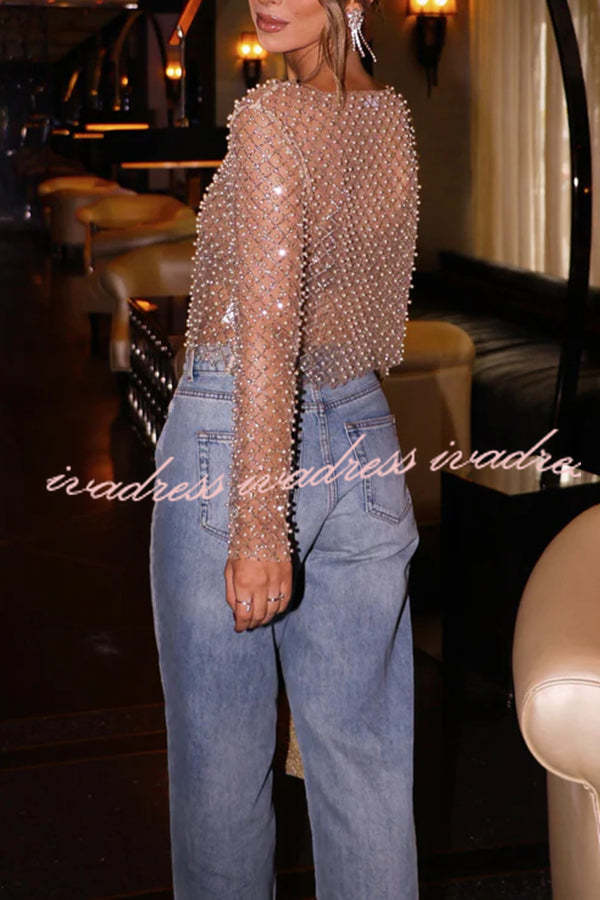 Champagne Kiss Sparkling Pearls Long Sleeve Loose Sheer Top