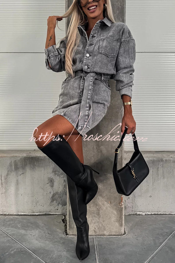 Adele Denim Button Up Belt Pocketed Long Sleeve Mini Dress