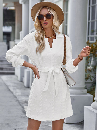 Belted Mini Dresses V-Neck Long Sleeves Solid Color Fall Spring Dress
