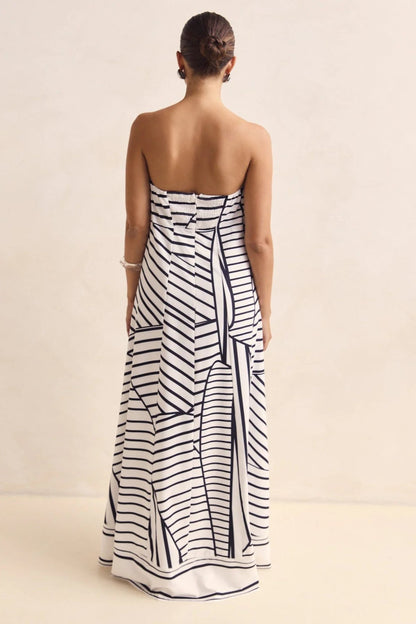 Strapless Tube Contrast Band A-Line Maxi Dress