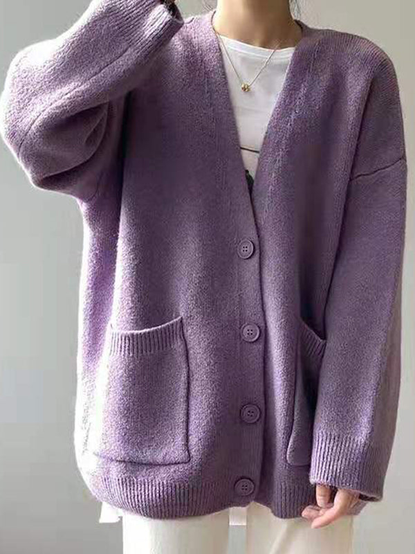Solid V Neck Breasted Knit Cardigan
