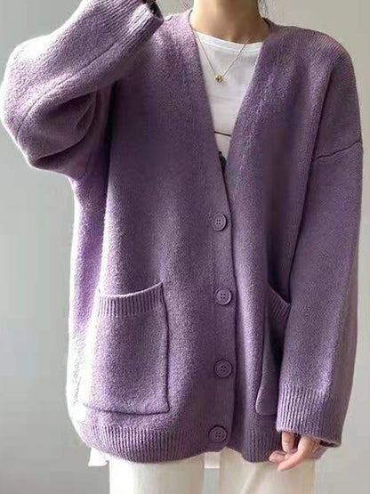 Solid V Neck Breasted Knit Cardigan