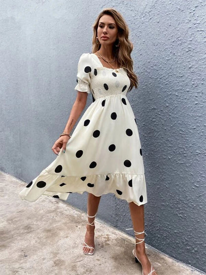 Polka Dot Square Neck Short Sleeves Midi Dress