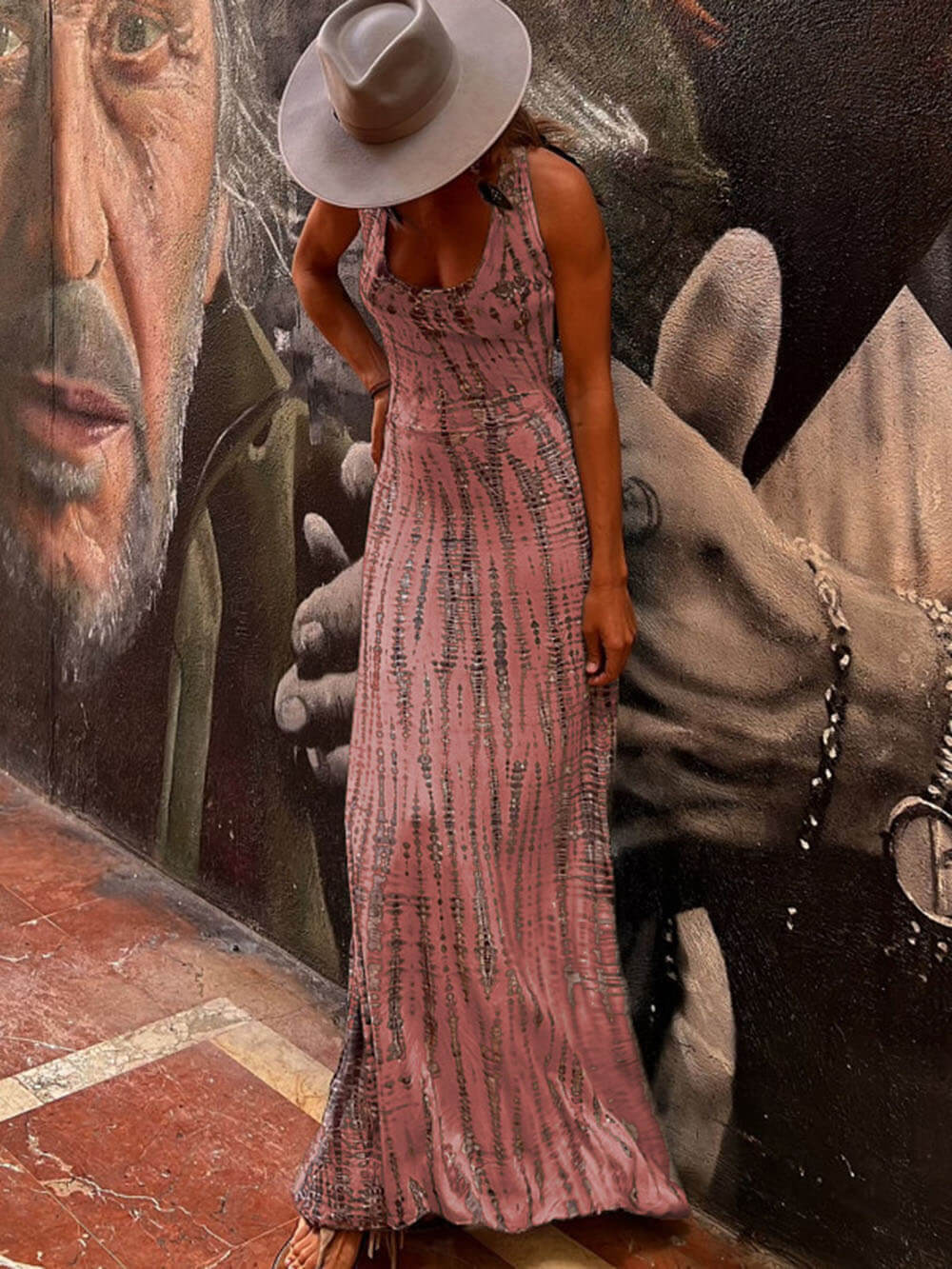 Sundown Serenity - Tie-Dye Lace-Up Maxi Dress