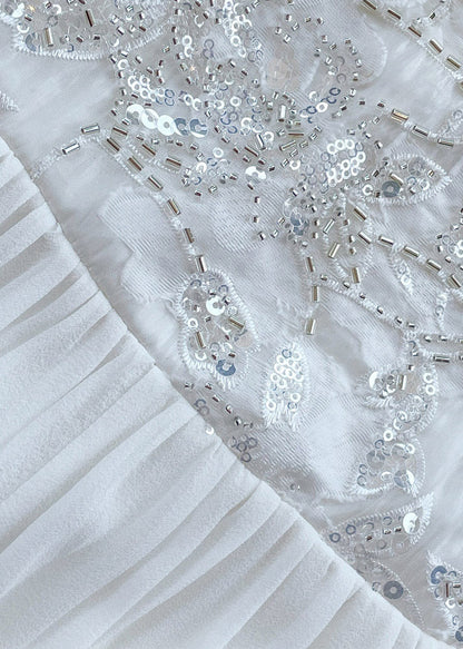 Fitted White O-Neck Embroidered Sequined Silk Maxi Dress Long Sleeve
