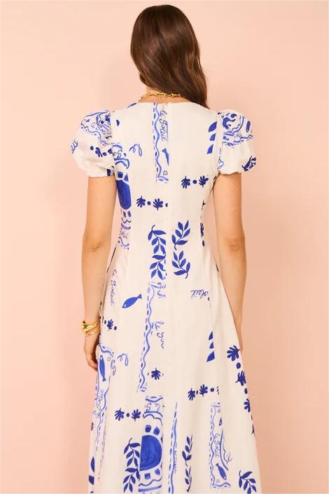 Floral V-Neck Puff Sleeve Midi Dress