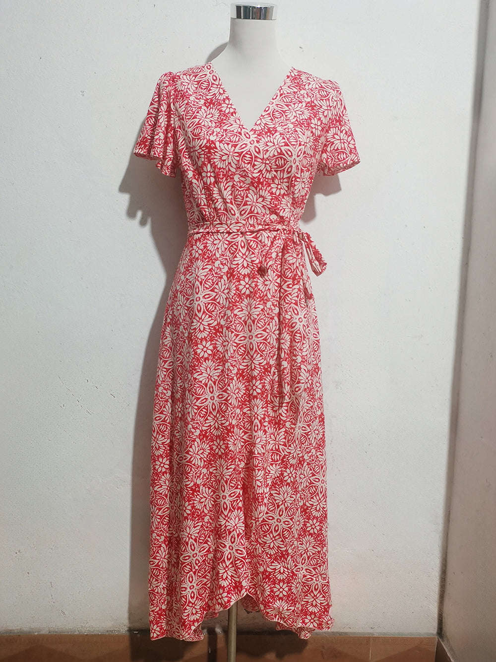 Wrap Dress Irregular Printed V-Neck Short Sleeves Belted Casual Summer Midi Dresses