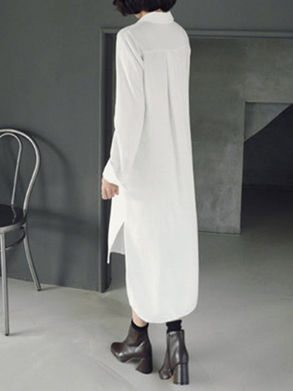 Simple Casual Solid Color Buttoned Lapel Collar Long Sleeves Midi Shirt Dress