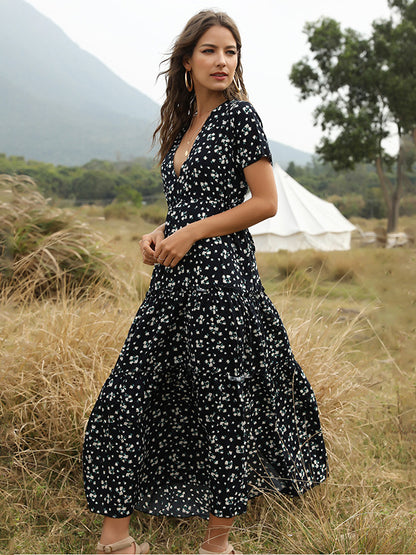 Boho Maxi Dress V Neck Short Sleeves Floral Print Summer Dresses