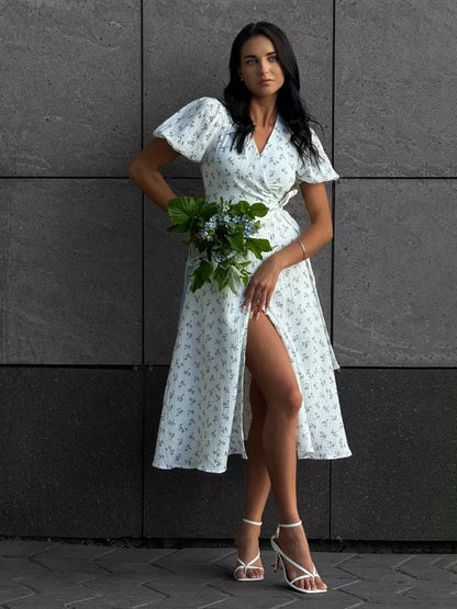 Pure Cotton Bandage Wrap-up Puff Sleeve Printed Comfort Maxi Dresses
