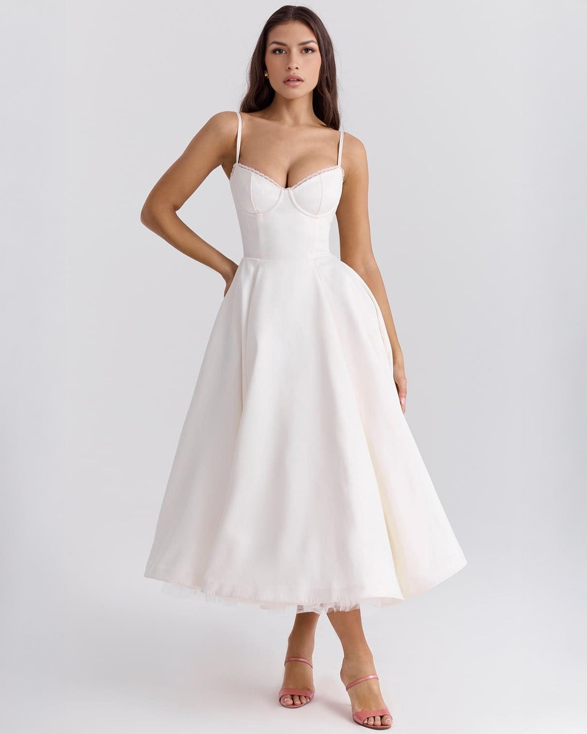 Sweetheart Spaghetti Strap Lace Trim Corset Bodice Fit and Flare Midi Dress