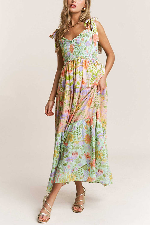 Margovil V Neck Bow Shoulder Tiered Floral Print Maxi Dress