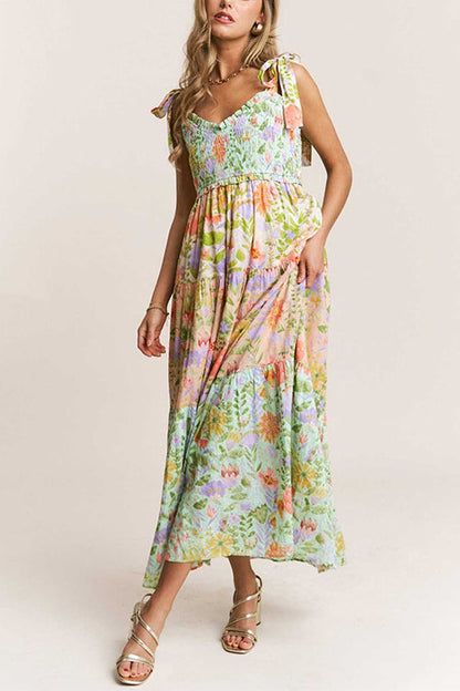 Margovil V Neck Bow Shoulder Tiered Floral Print Maxi Dress