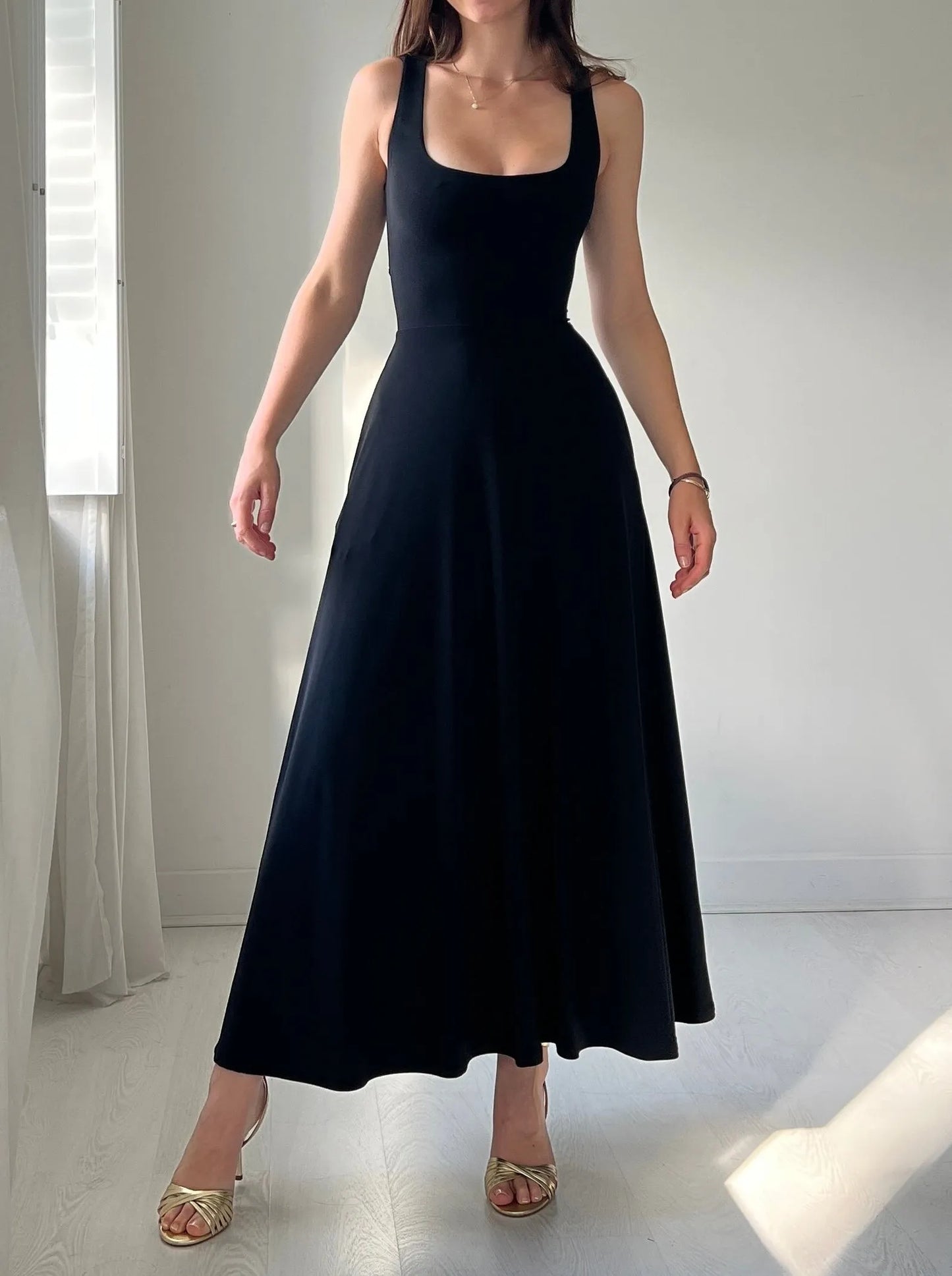 Scoop Neck Tank Strap Fitted Waist Flared A-Line Maxi Dress