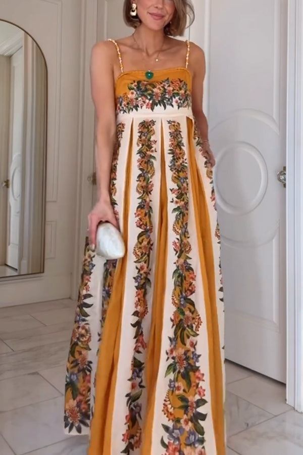 Bloom Bright Linen Blend Floral Print Beaded Shoulder Straps Pocket Maxi Dress