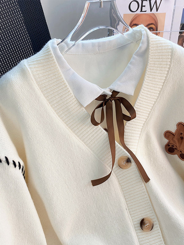 Preppy Bear Embroidery Seam Detail V Neck Knit Cardigan