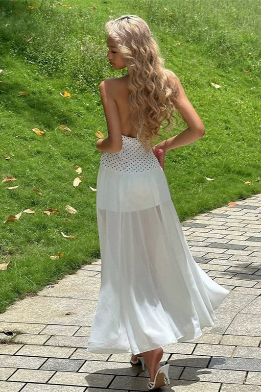 Polka Dot Halter Plunge Bow-Accent Contrast Waist Chiffon Maxi Dress