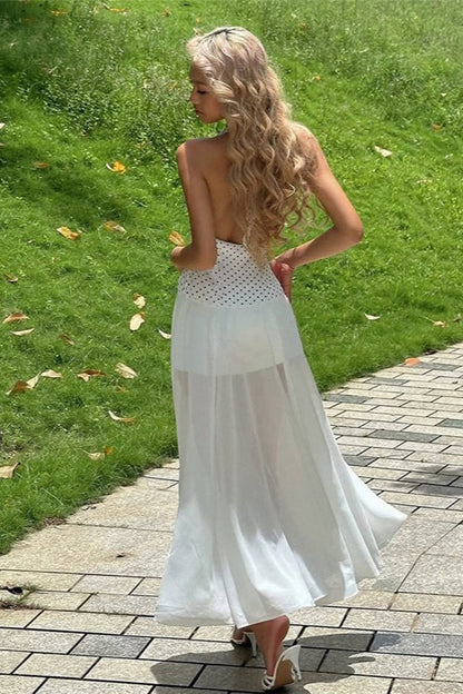 Polka Dot Halter Plunge Bow-Accent Contrast Waist Chiffon Maxi Dress