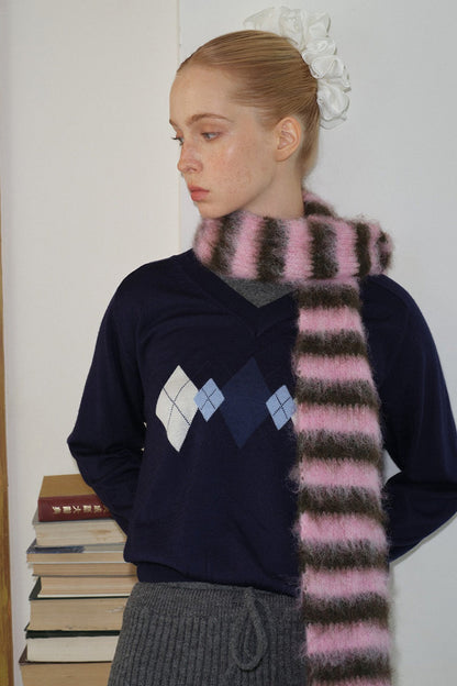 Contrast Striped Narrow Soft Wool Blend Knitted Scarf