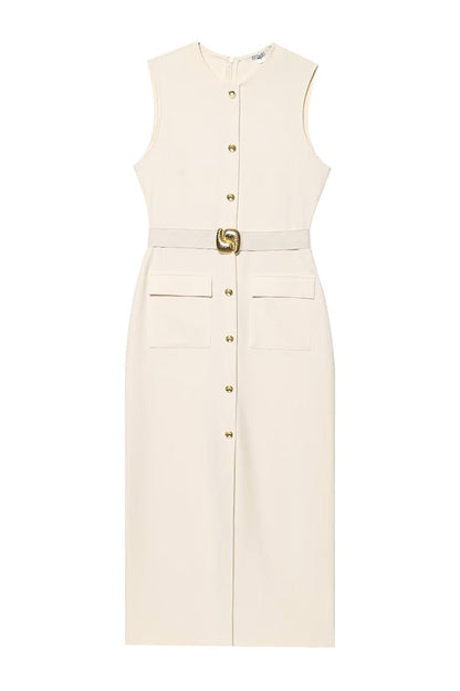 Danina Button Up Sleeveless Metal Belted Pocket Stretch Midi Dress