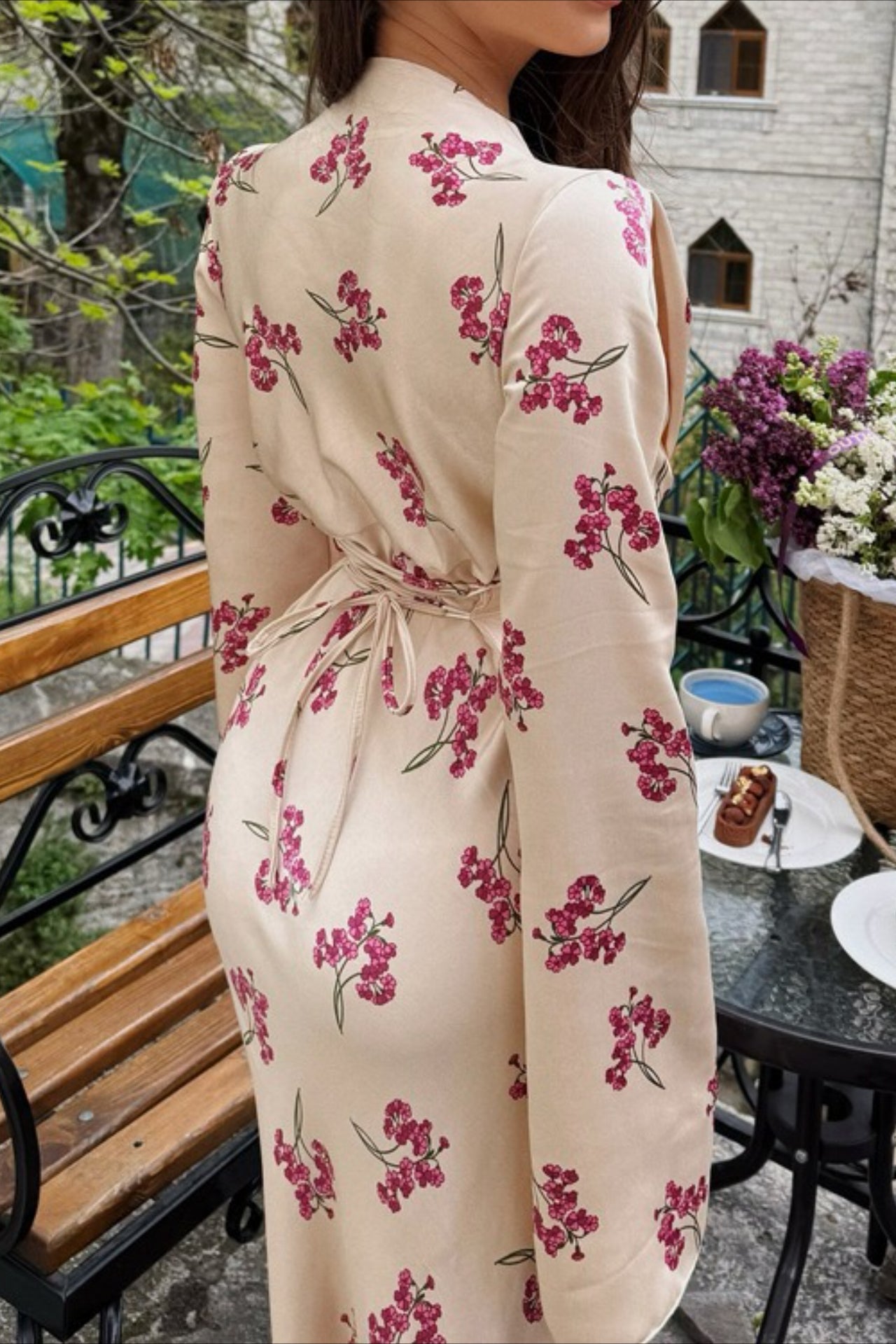 Deep V Neck Bell Sleeve Scattered Floral Satin Maxi Gown