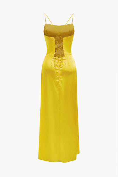Cowl Neck Corset Bodice Spaghetti Strap Satin High Slit Maxi Dress