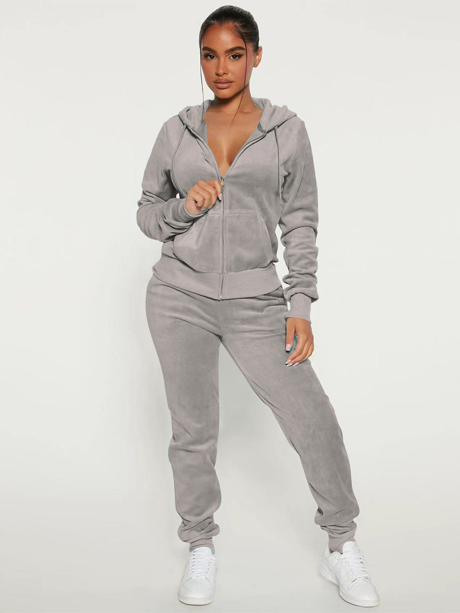 Velour Zip Up Slim Fit Hoodie Jogger Set For Women 2026