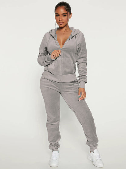Velour Zip Up Slim Fit Hoodie Jogger Set For Women 2026