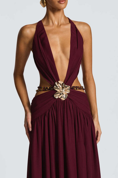 | Halter Deep V Backless High Slit Maxi Dress