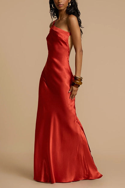 One-Shoulder Knotted Strap Side-Tie Satin Column Maxi Gown