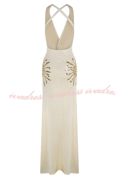 Sparkling Nights Knit Sunburst Sequin Detail Back Cross Straps Stretch Maxi Dress