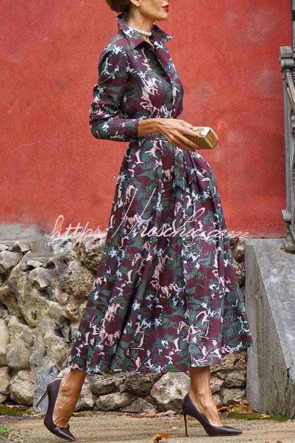 Casual Floral Print Lace Up Buttoned Pockets Long Sleeve Midi Dress