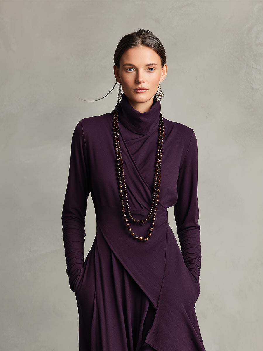 Turtleneck Wrap Front Draped Asymmetrical Hem Knit Pocket Maxi Dress