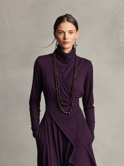 Turtleneck Wrap Front Draped Asymmetrical Hem Knit Pocket Maxi Dress