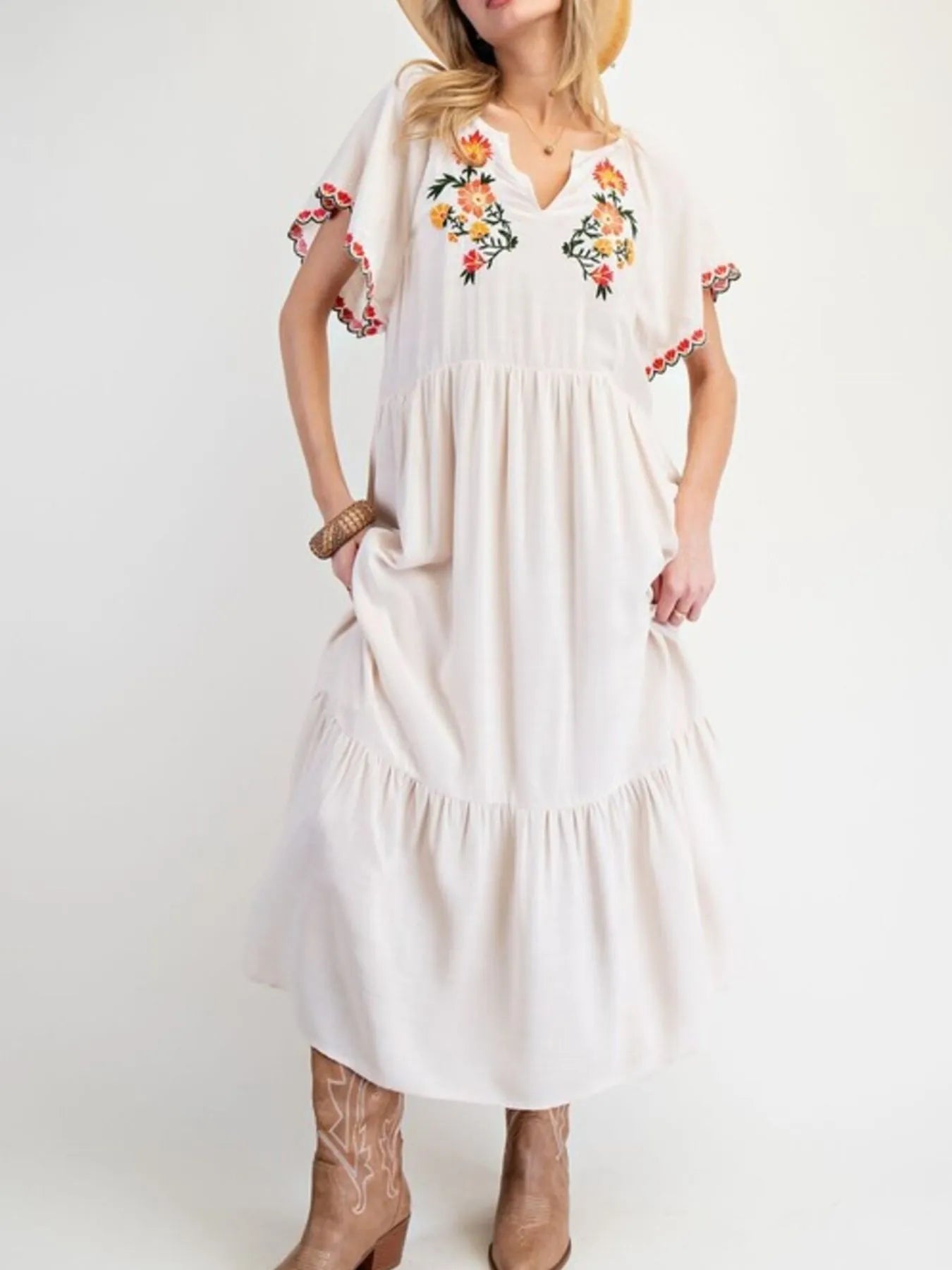 Floral Embroidered V-Neck Short Sleeve Tiered Maxi Dress