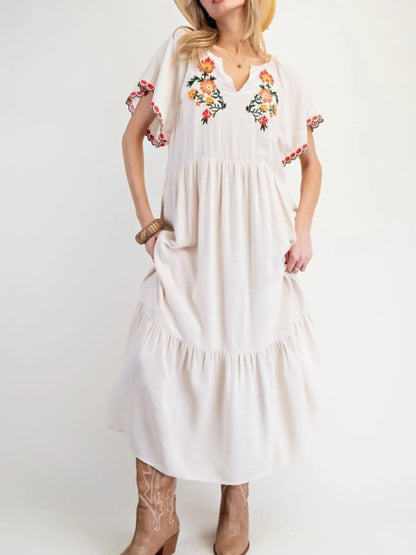 Floral Embroidered V-Neck Short Sleeve Tiered Maxi Dress