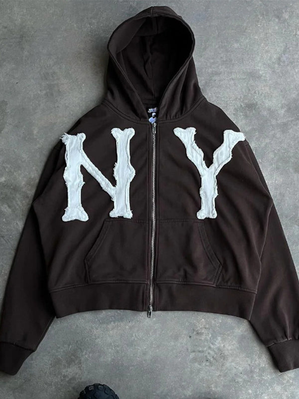 Embroidered Zip Up Cardigan Loose Hoodie