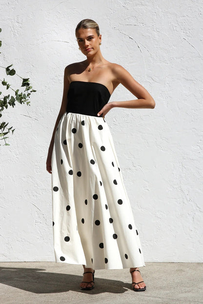 Polka Dot Strapless Bandeau Bodice Gathered Full Skirt A-Line Maxi Dress
