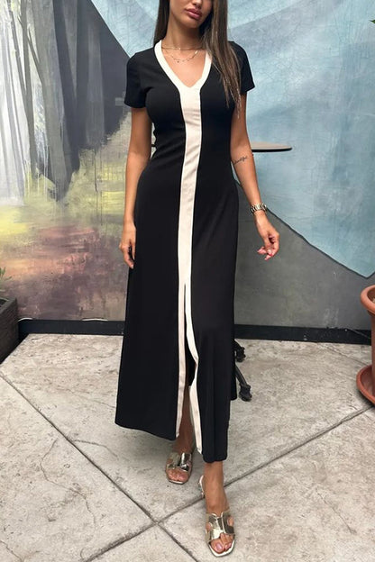 Fashionable V-neck Slim Fit Waist Knitted Midi Dress