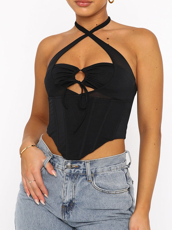 Halter Cutout Tie Back Irregular Hem Corset Top