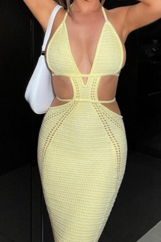 Halter Deep V Neck Crochet Knit Waist Cutout Cord Strap Bodycon Maxi Dress