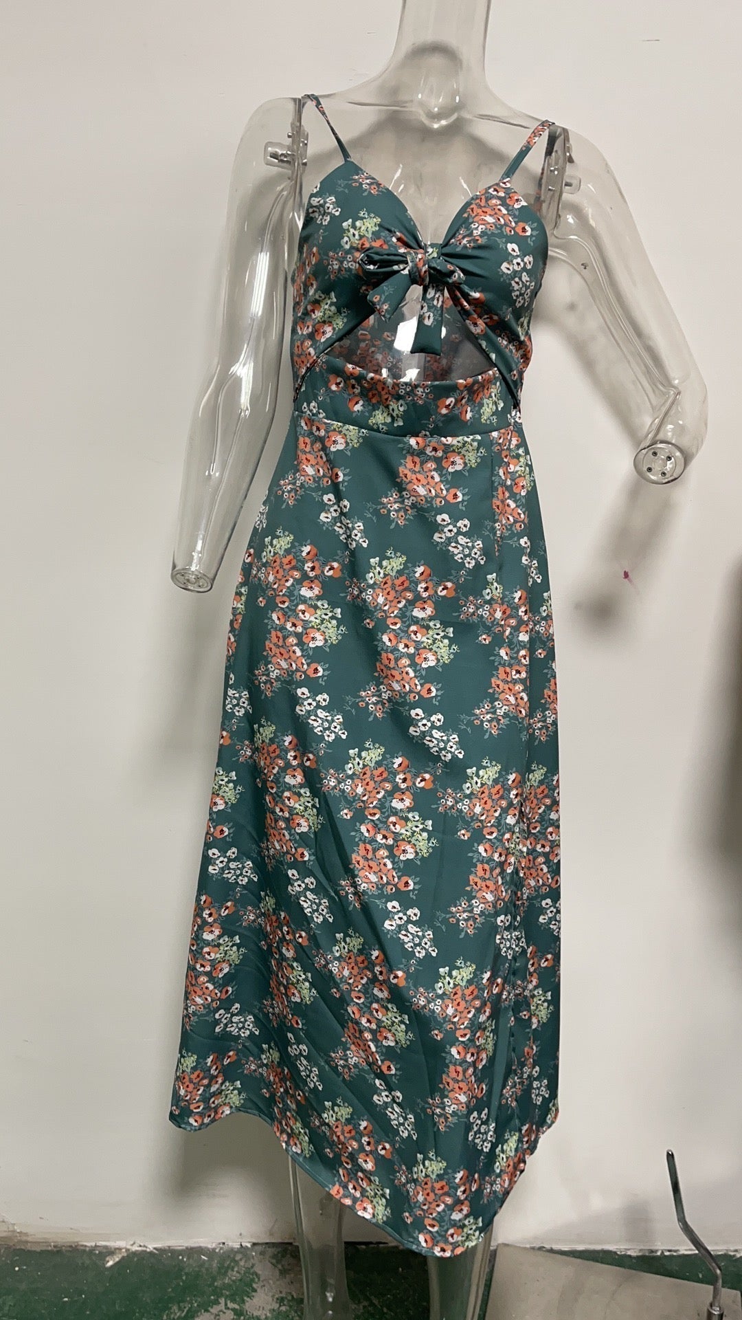 Patchwork Floral Print Spaghetti Strap Cut Out Tie Front Midi Dress