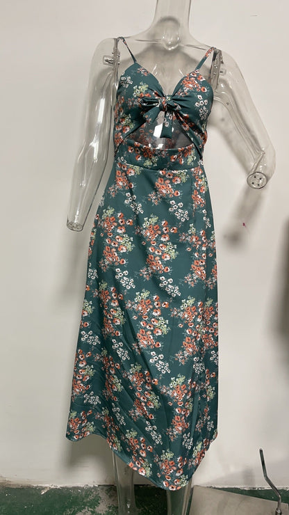 Patchwork Floral Print Spaghetti Strap Cut Out Tie Front Midi Dress