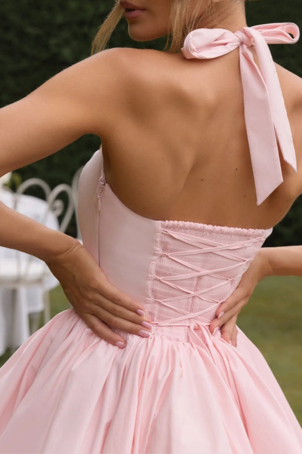 Halter Bow Back Corset Basque Waist Bubble Hem Mini Dress