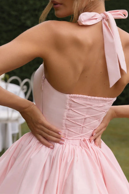 Halter Bow Back Corset Basque Waist Bubble Hem Mini Dress